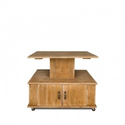 2-tier island display unit on wheels, front and back doors
