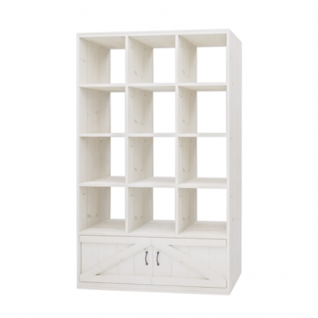 Etagère 12 casiers sans fond, 2 portes, bois massif