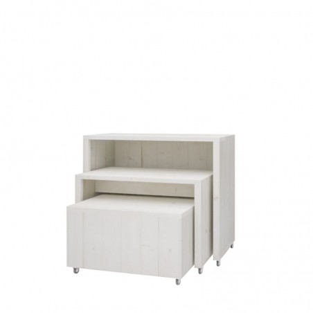 Lot de 3 tables gigogne sur roulettes, bois massif, blanc camarillo