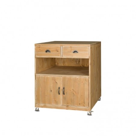 Desserte de service sur roulettes, 2 portes, 2 tiroirs, bois massif