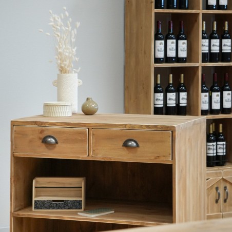 Buffet de service H90cm 2 tiroirs, bois massif ambiance